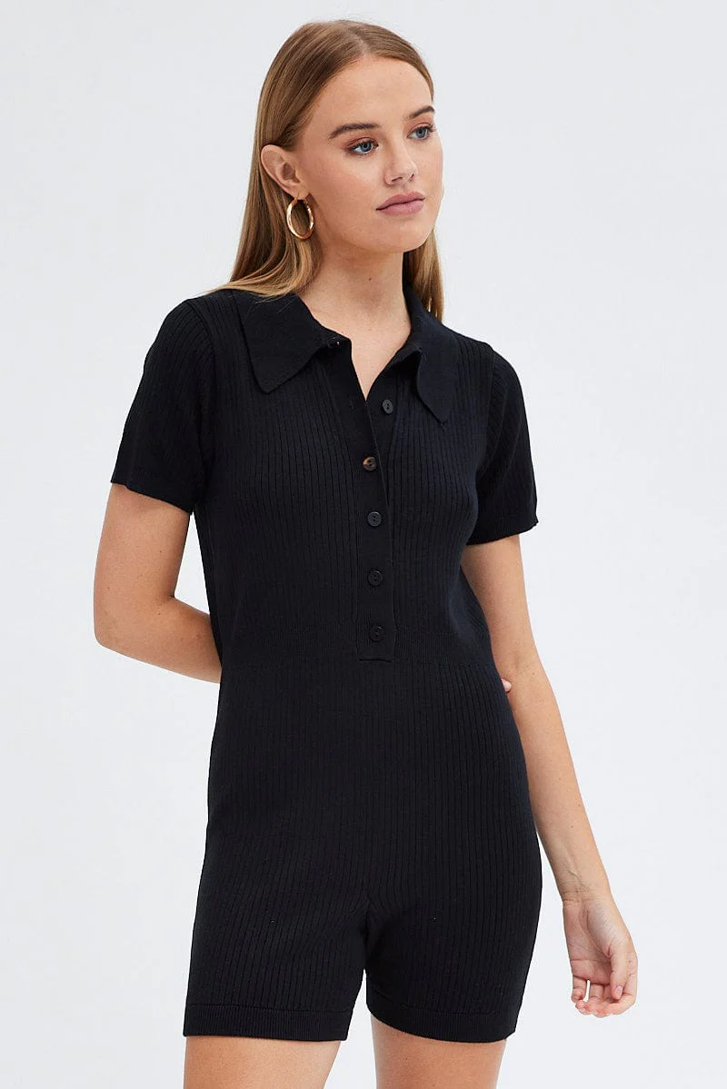Black Knit Romper Short Sleeve Collared Onesie Unitard