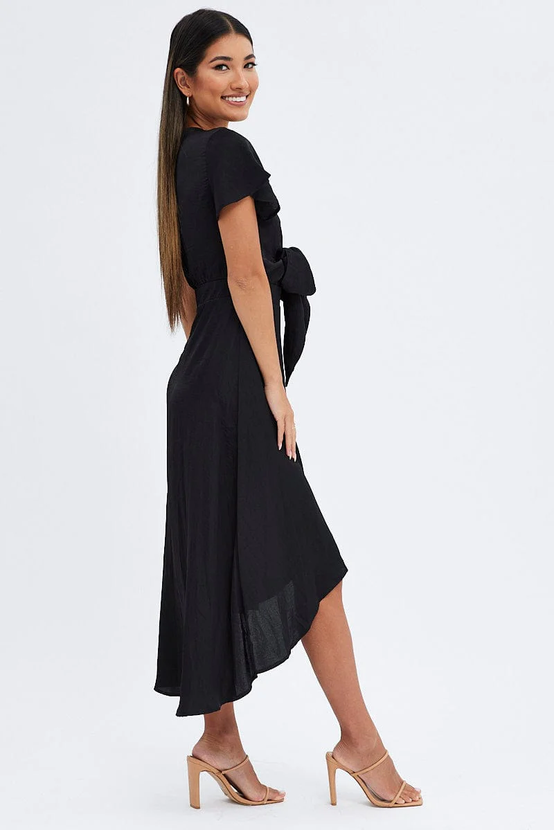 Black Midi Dress Short Sleeve Tie Back Satin