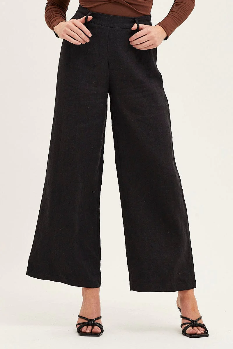 Black Pants High Rise Wide Leg Linen Blend
