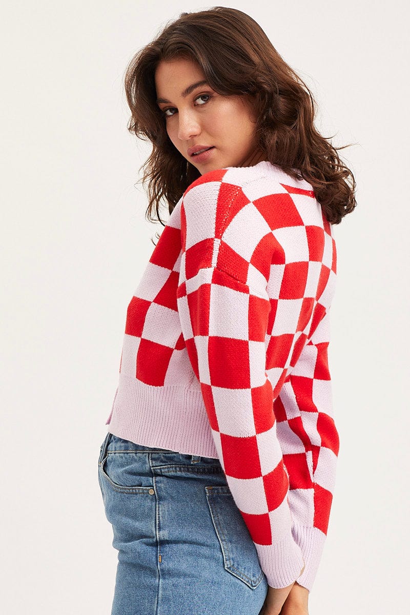 Check Knit Cardigan Long Sleeve Crop V-Neck