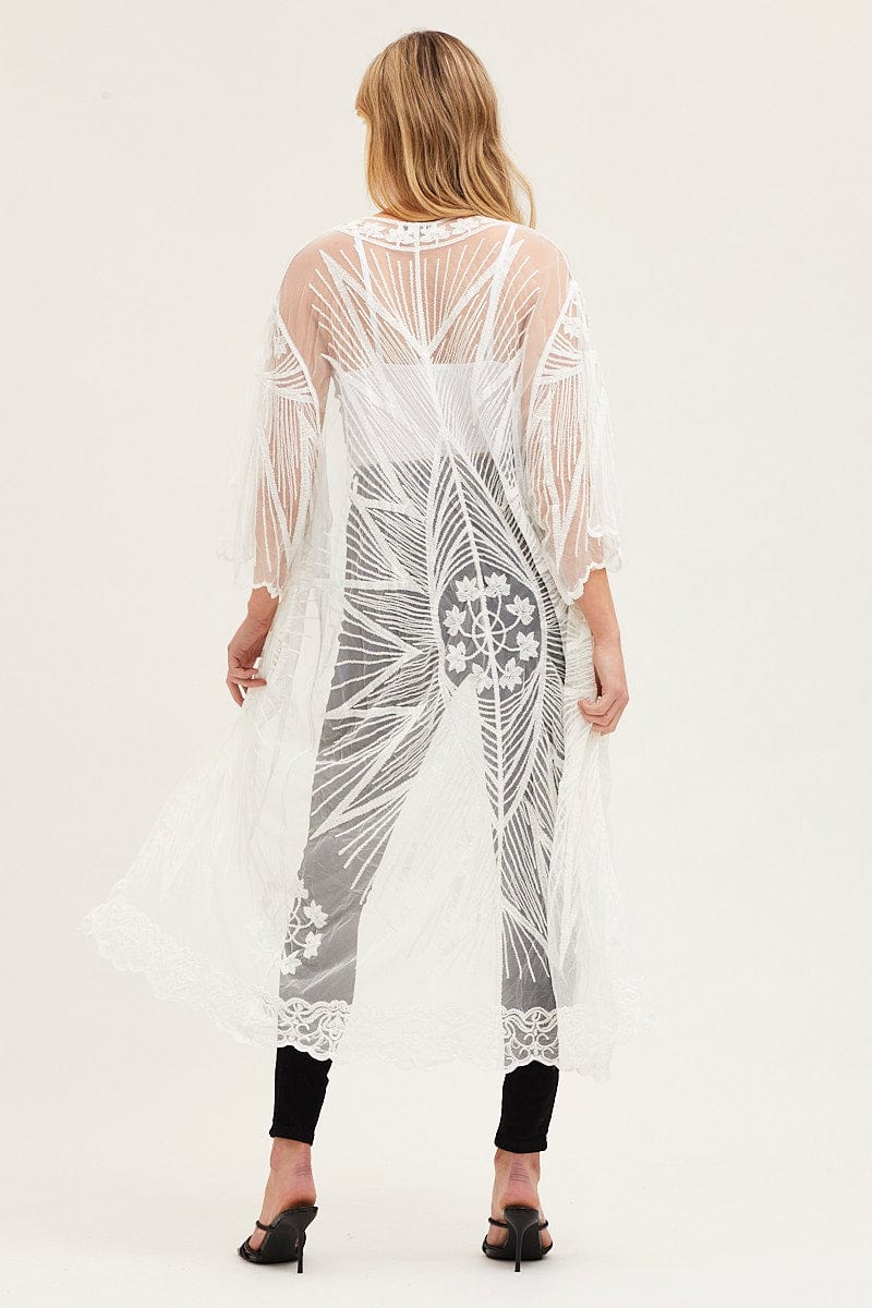 White Half Sleeve Tie Front Mesh Embroidered Kimono