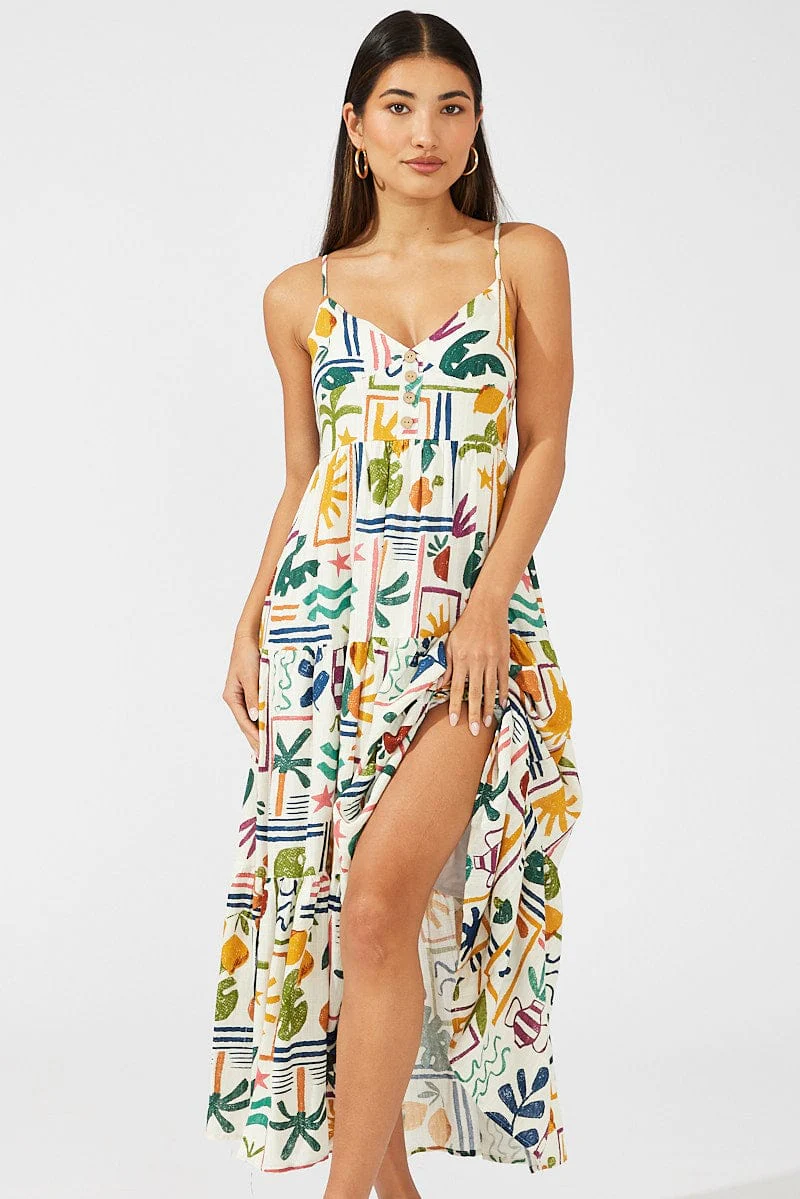 Multi Abstract Midi Dress Sleeveless V-Neck