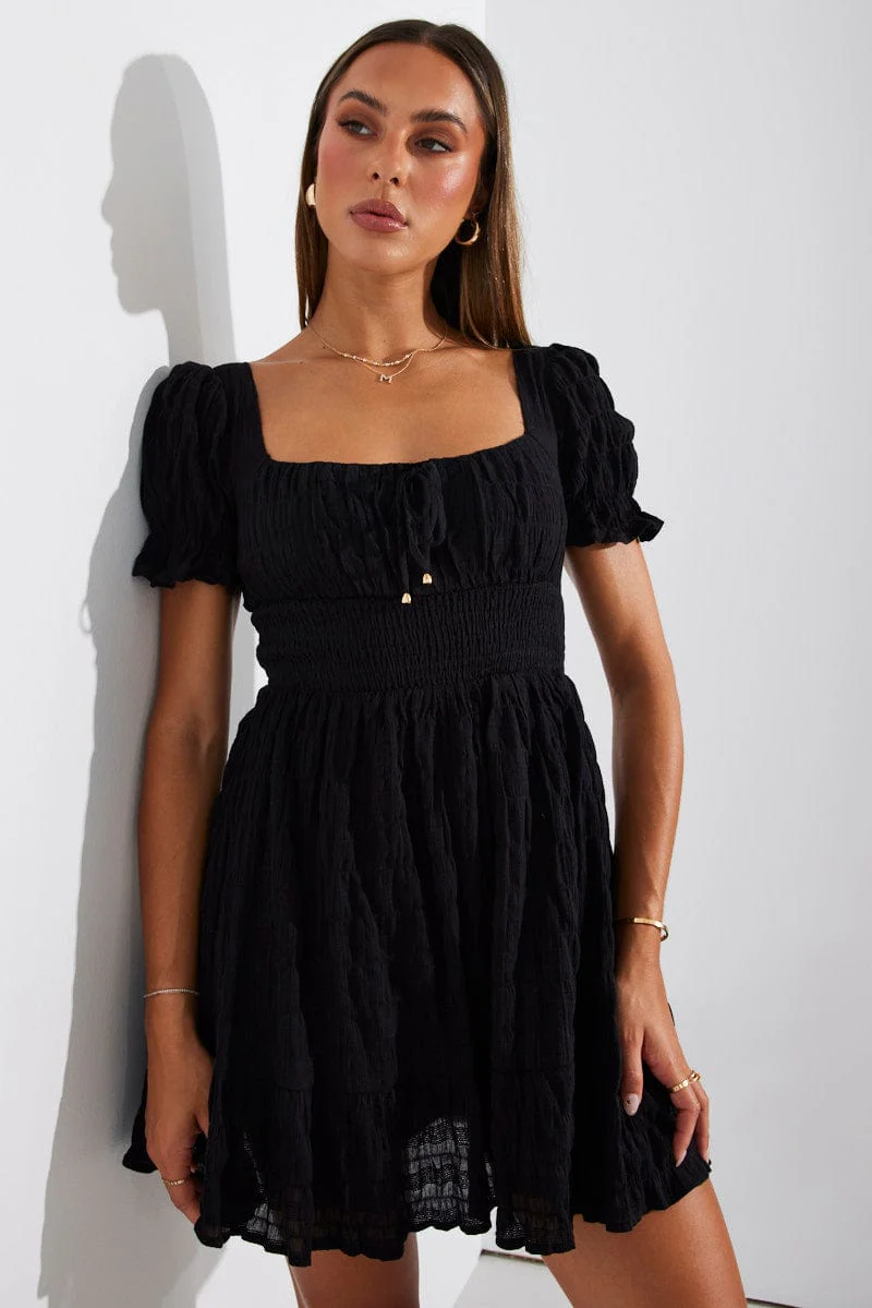 Black Fit And Flare Dress Puff Sleeve