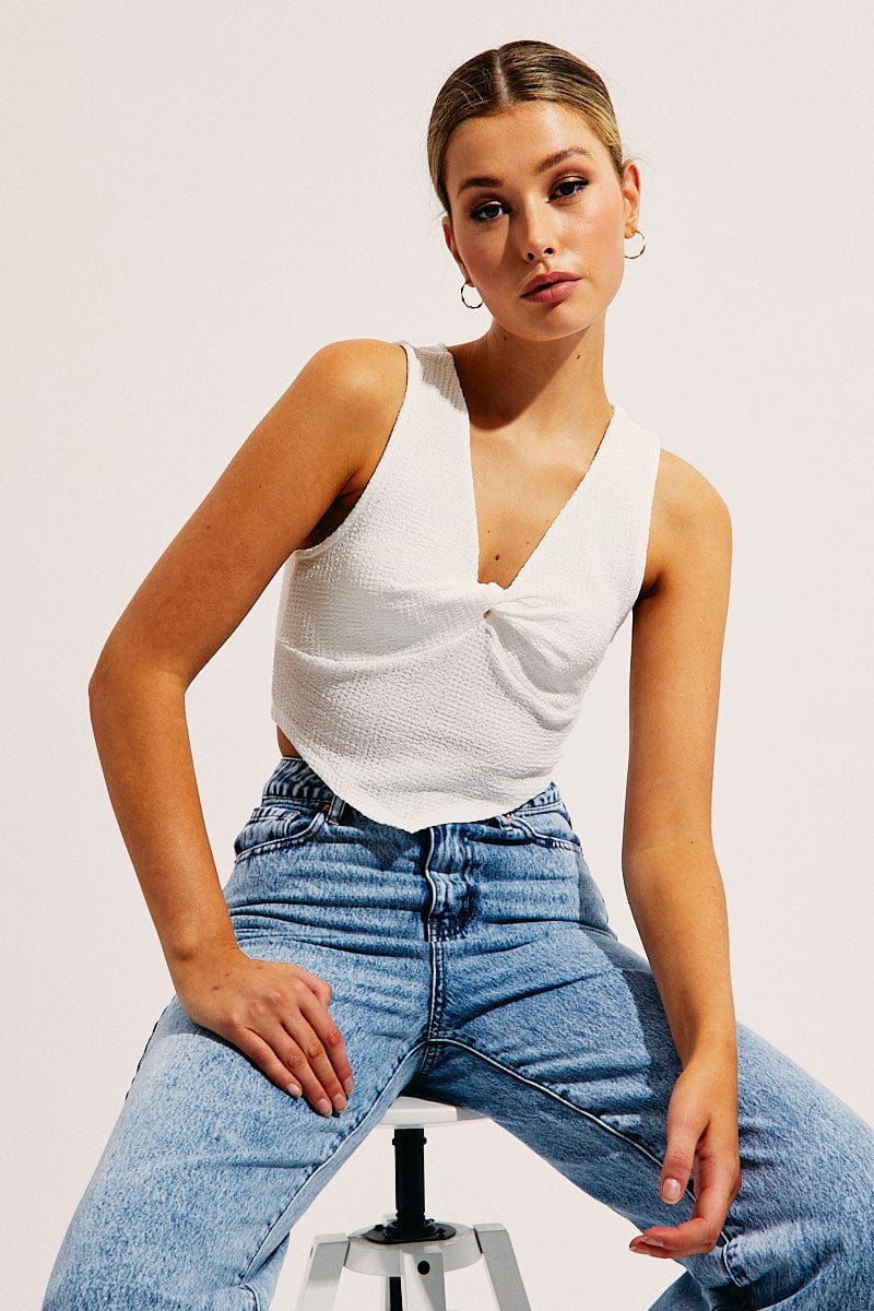 White Scarf Hem Twist Front Top