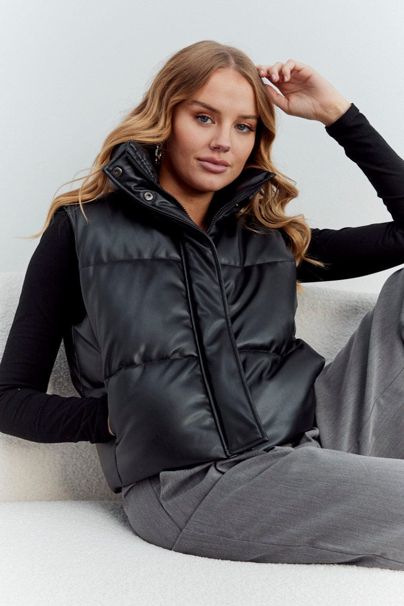 Black Puffer Zip Sleeveless Faux Leather