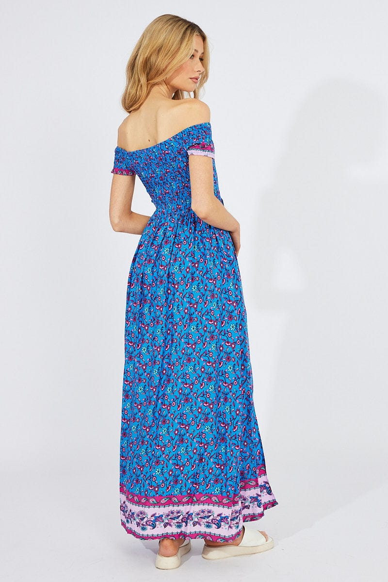 Blue Boho Maxi Dress Off Shoulder