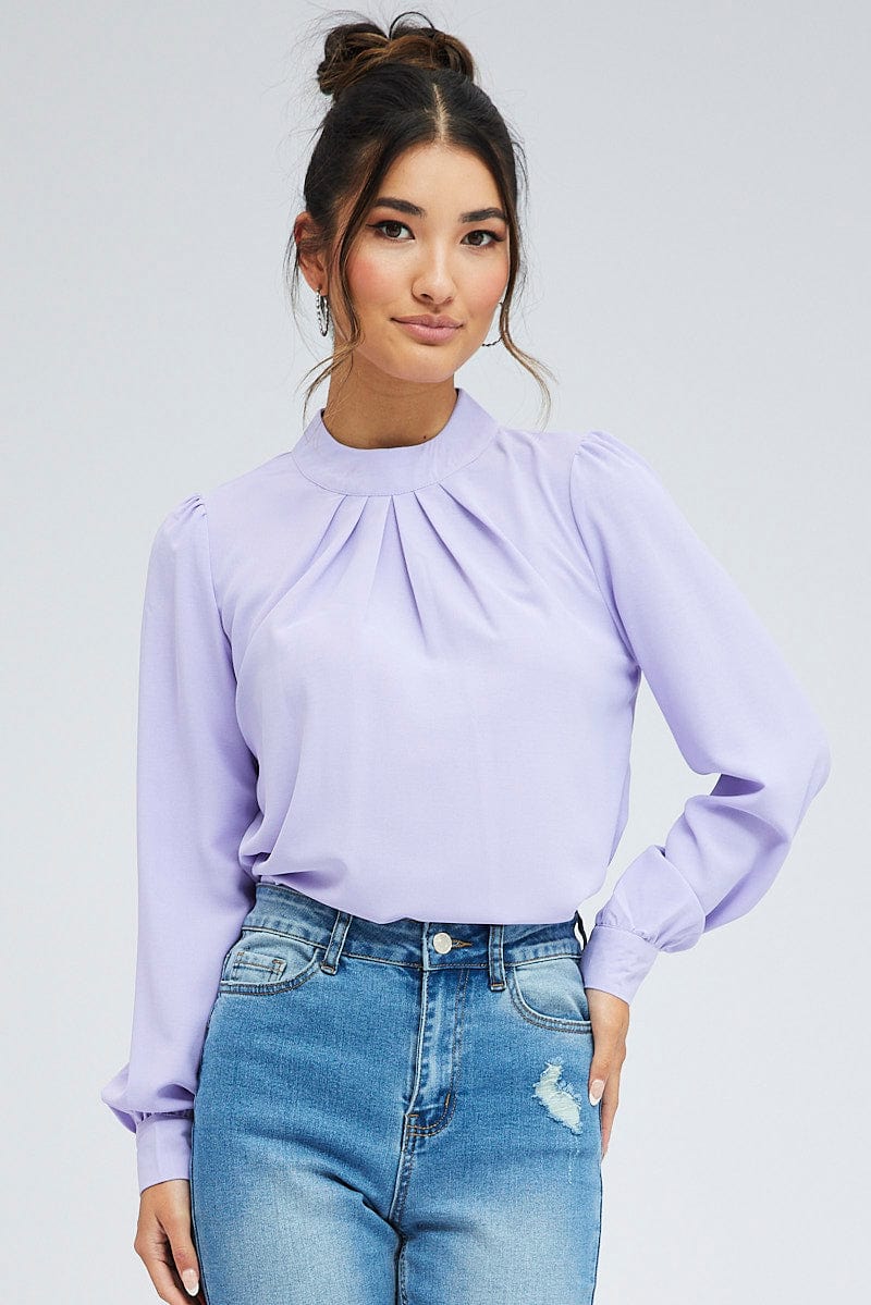 Purple Top Long Sleeve High Neck Back Key Hole Details