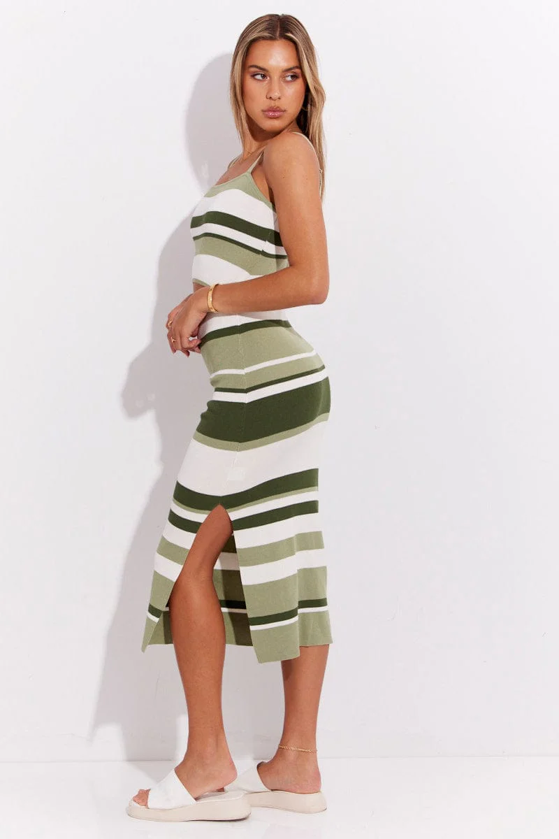 Green Stripe Knit Dress Sleeveless Midi Cut Out