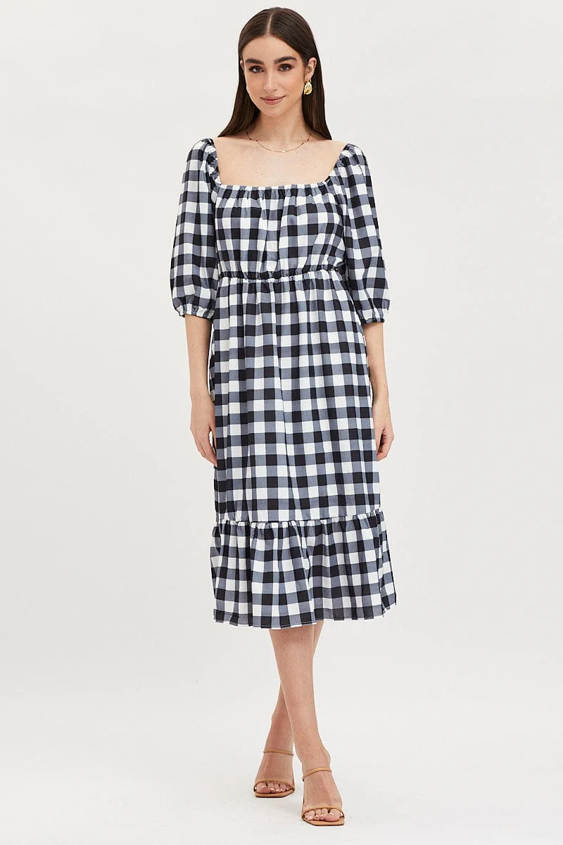 Check Midi Dress Puff Sleeve