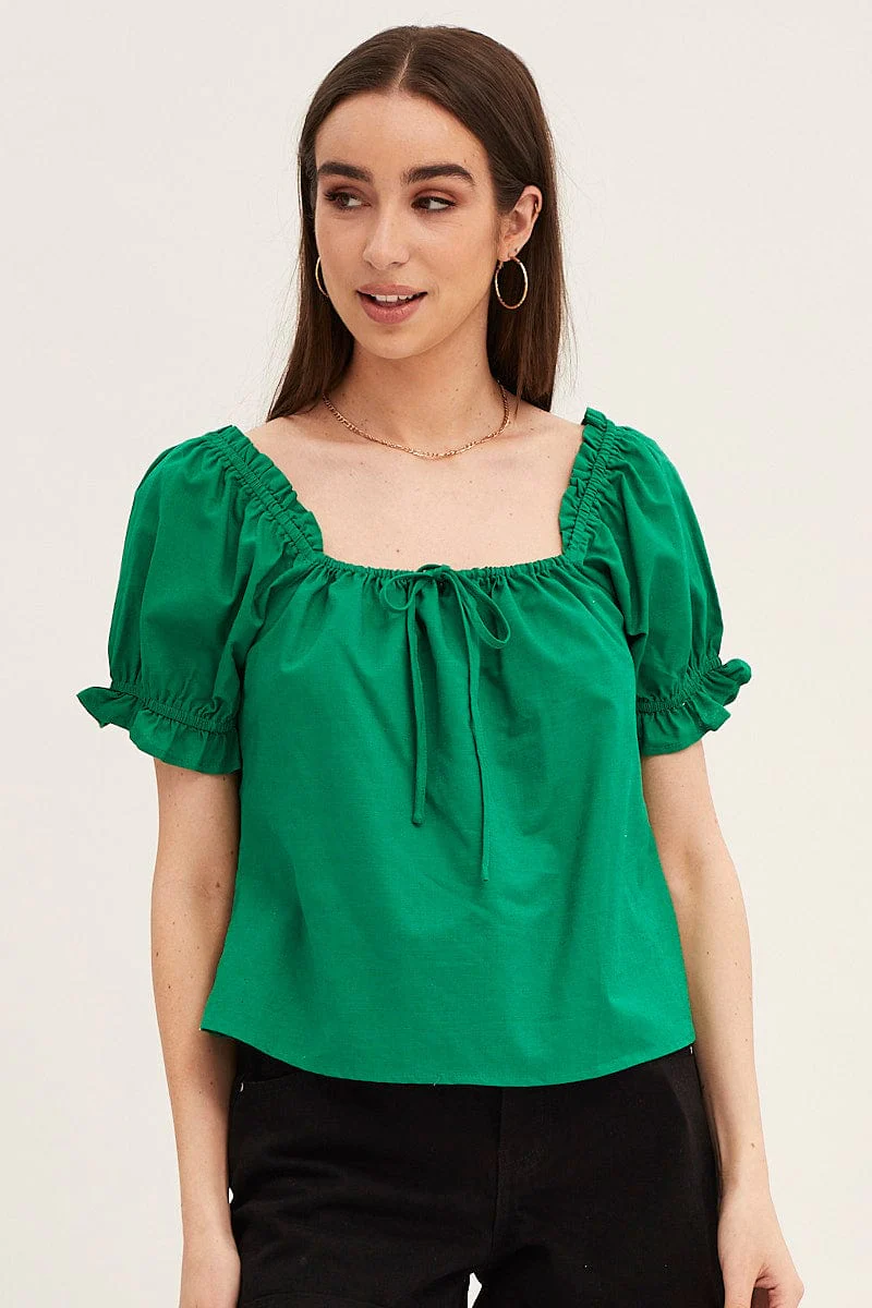 Green Cotton Linen Puff Short Sleeve Longline Top