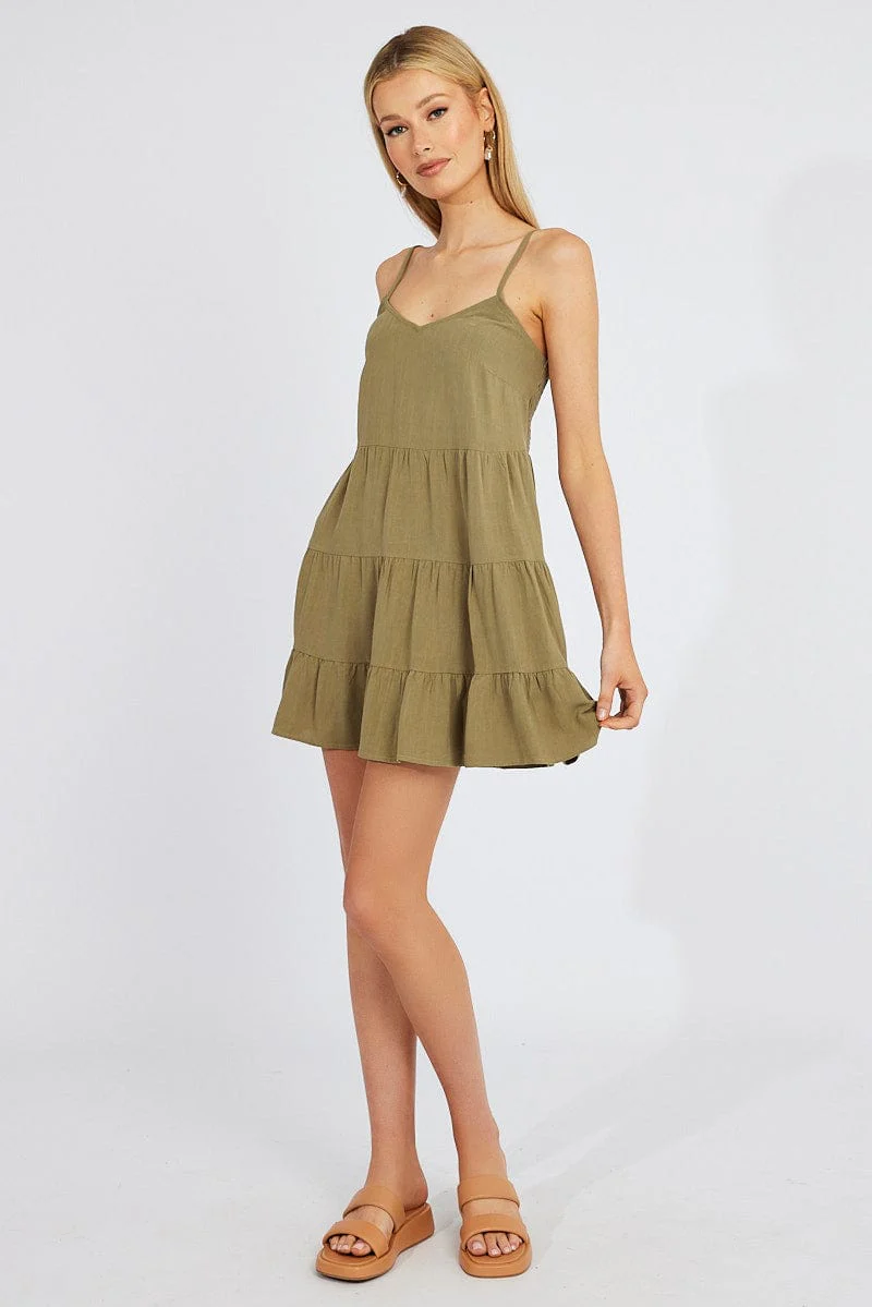 Green Fit and Flare Dress Sleeveless Tiered