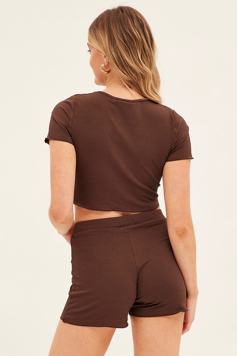 Brown Ruched Crop Top Loungewear Set