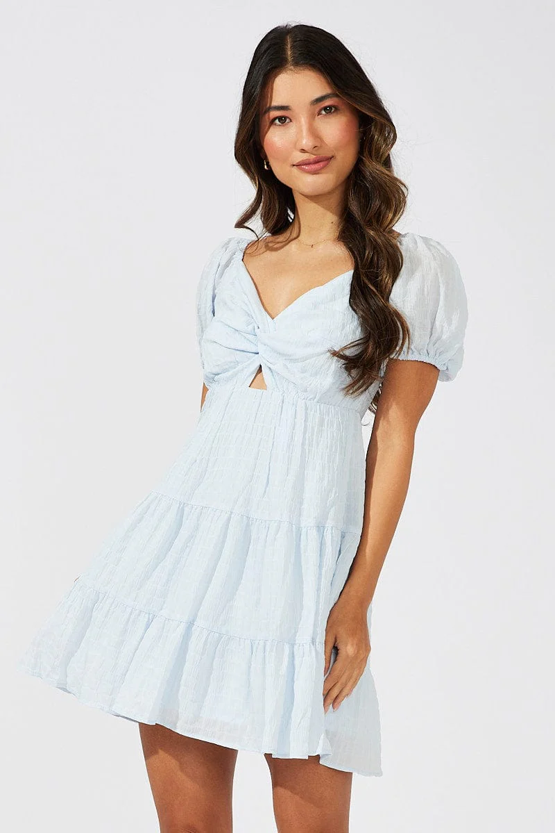 Blue Fit And Flare Dress Puff Sleeve Mini
