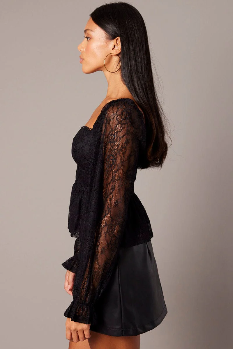 Black Peplum Top Long Sleeve Lace