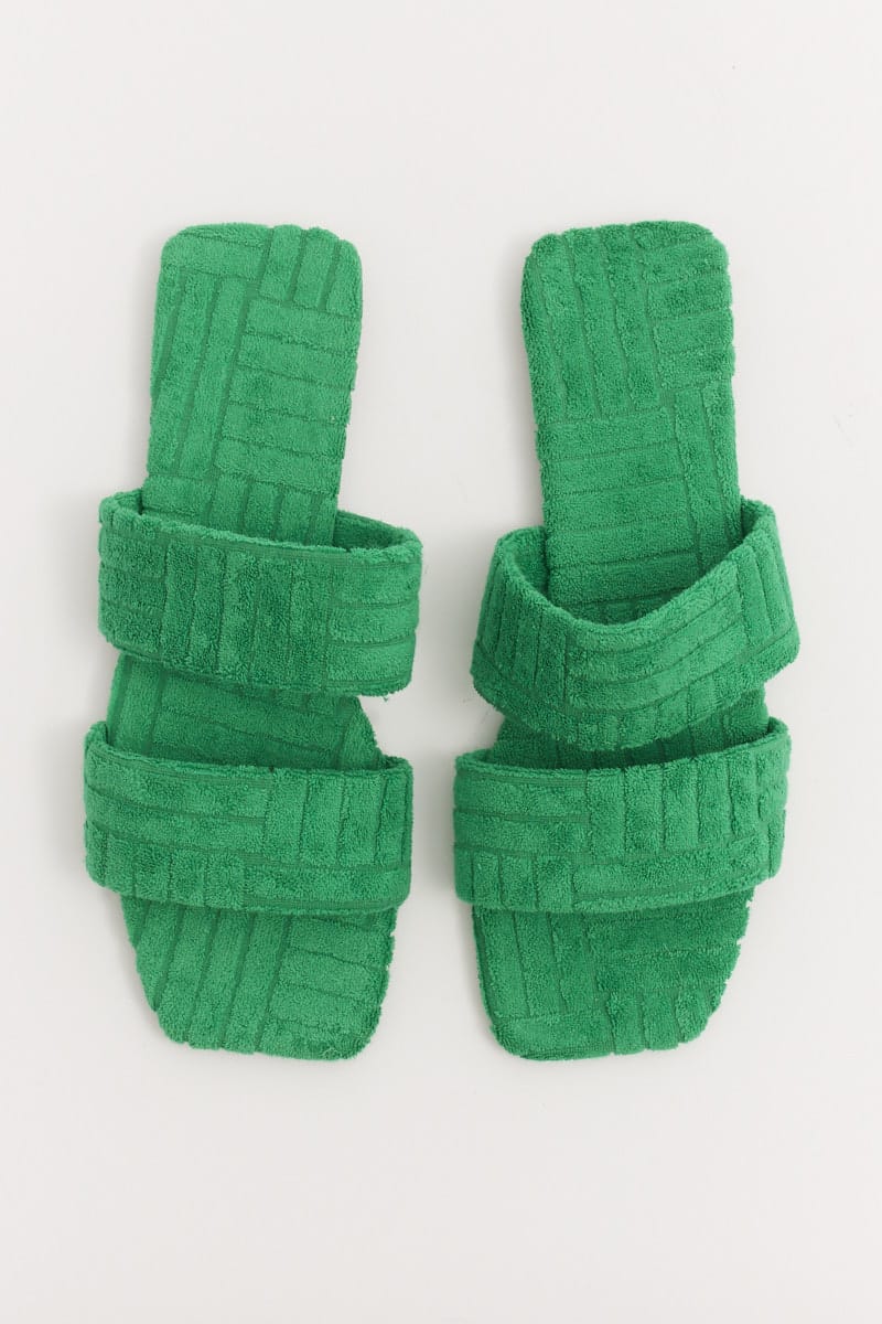 Green Square Toe Toweling Detail Slippers