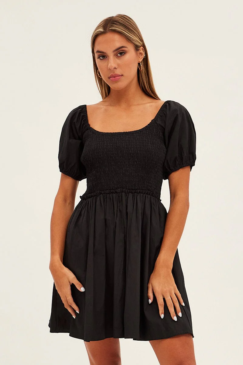 White Fit And Flare Dress Puff Sleeve Mini Poplin