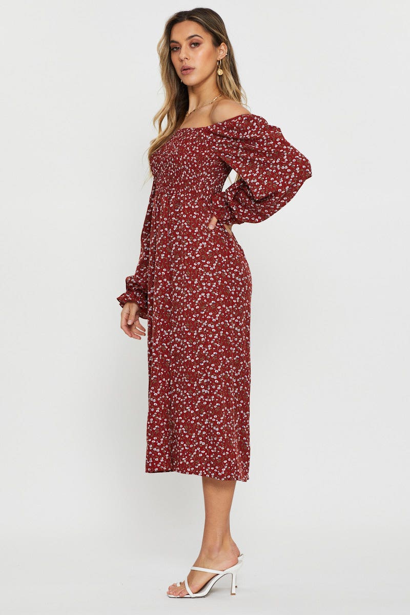 Print Midi Dress Off Shoulder