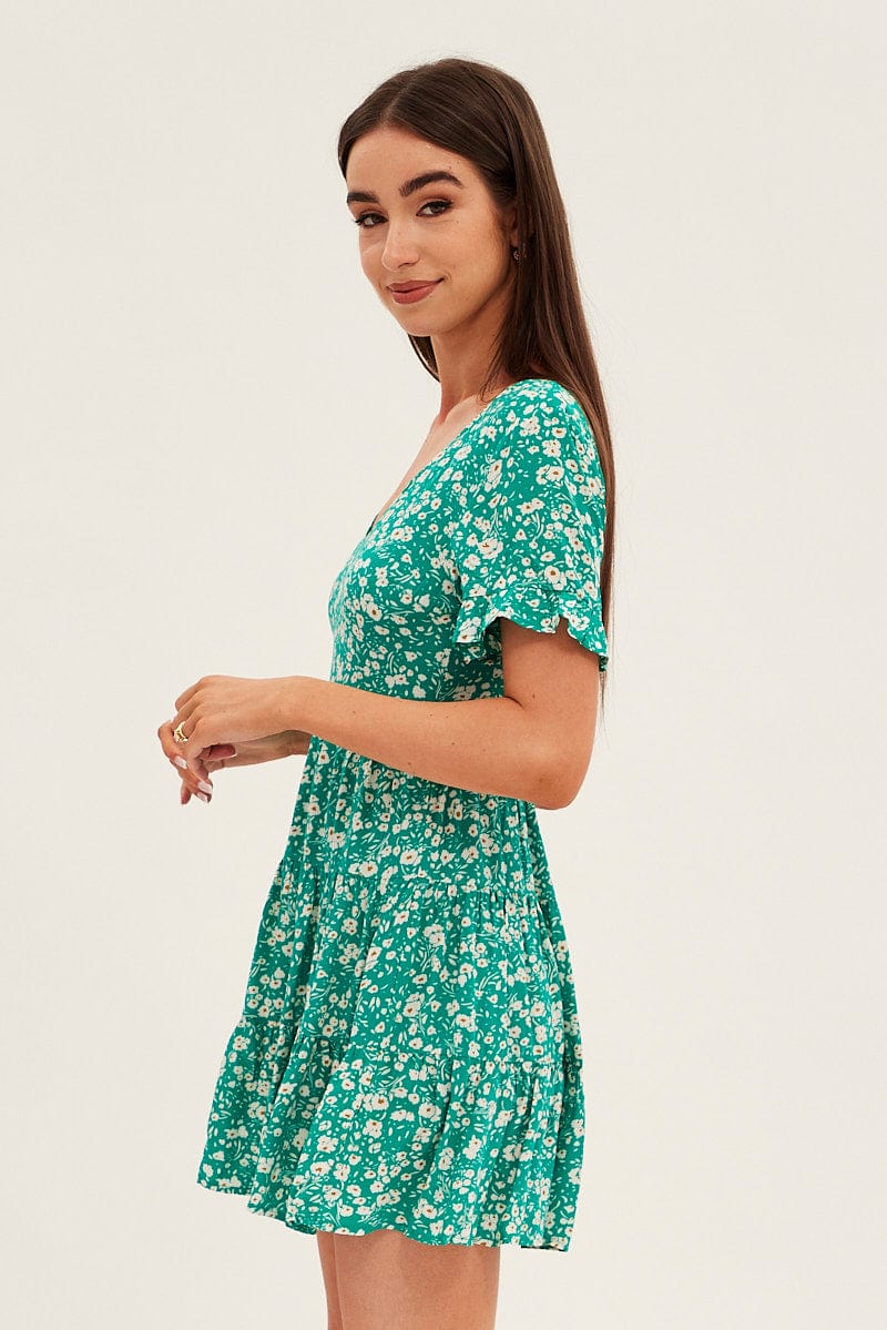 Floral Print Sun Dress Mini Short Sleeve V Neck