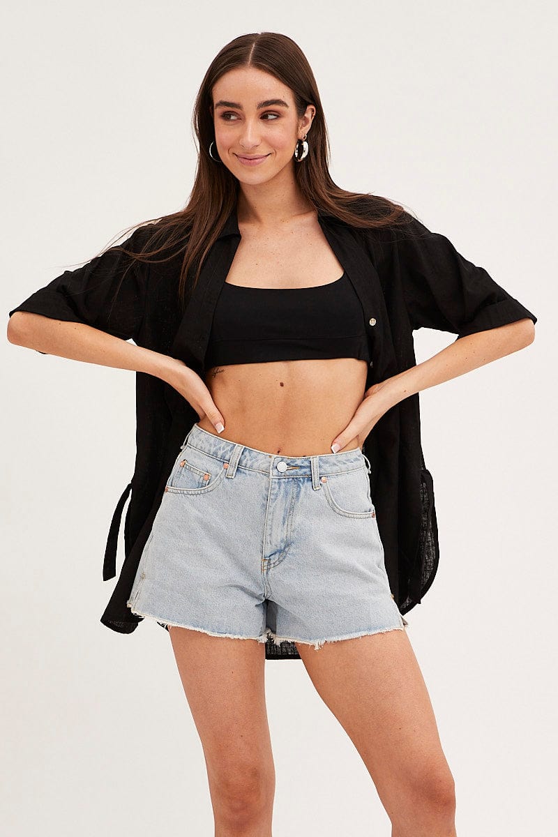 Black Long Line Roll Sleeve Collared Button Front Shirt