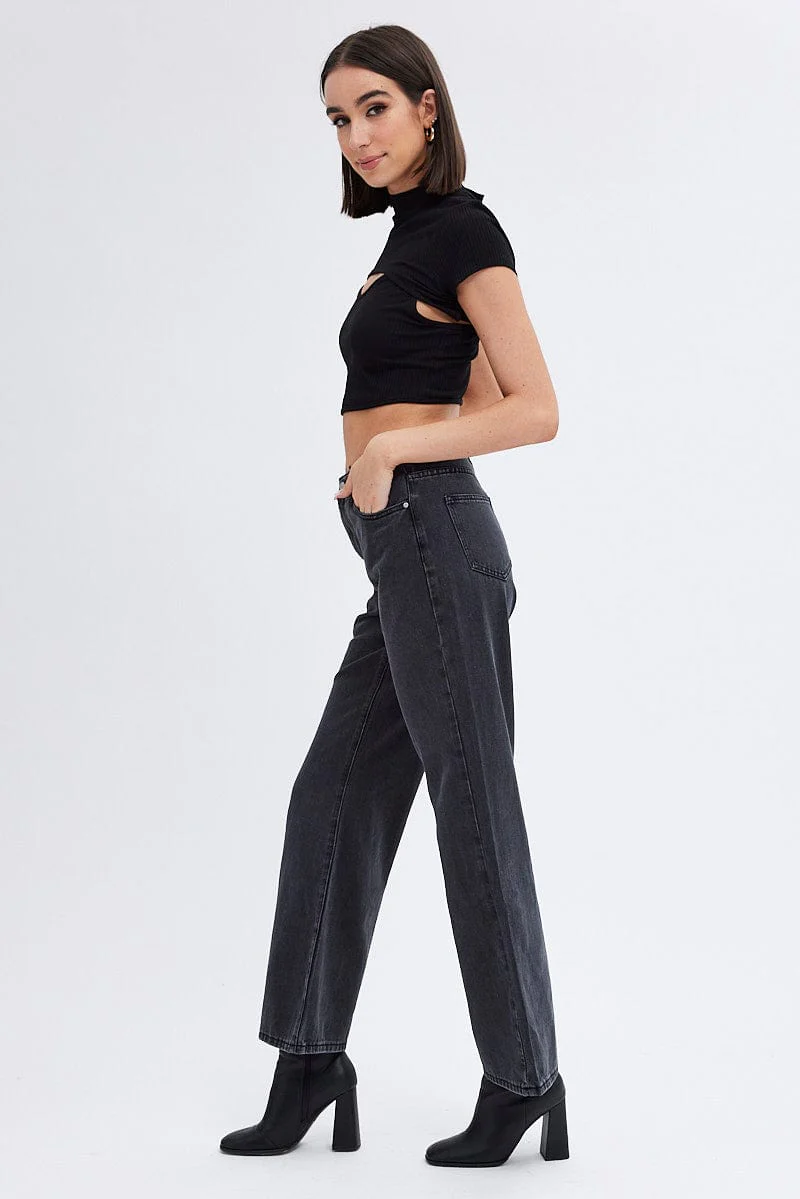 Grey Wide Leg Denim Jeans High rise