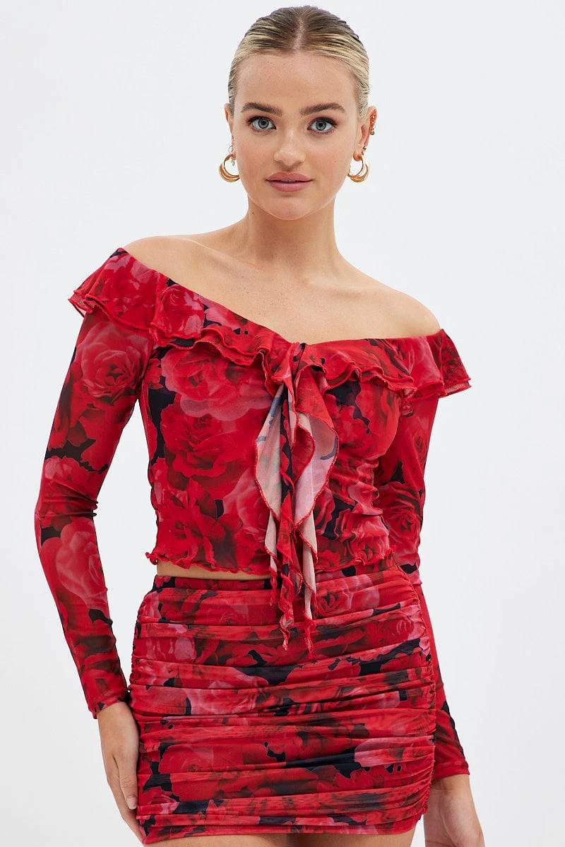 Red Floral Mesh Top Long Sleeve Off Shoulder Frill Lined