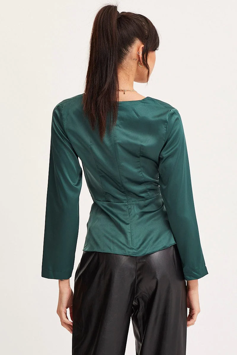 Green Twist Front Top Long Sleeve
