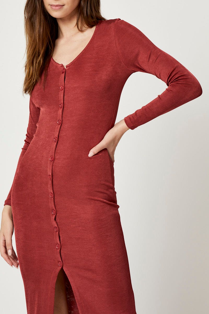 Brown Button Front Slinky Midi Dress