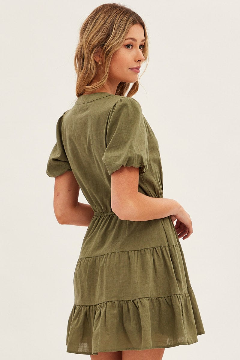 Green Shirt Dress Short Sleeve V-Neck Tiered