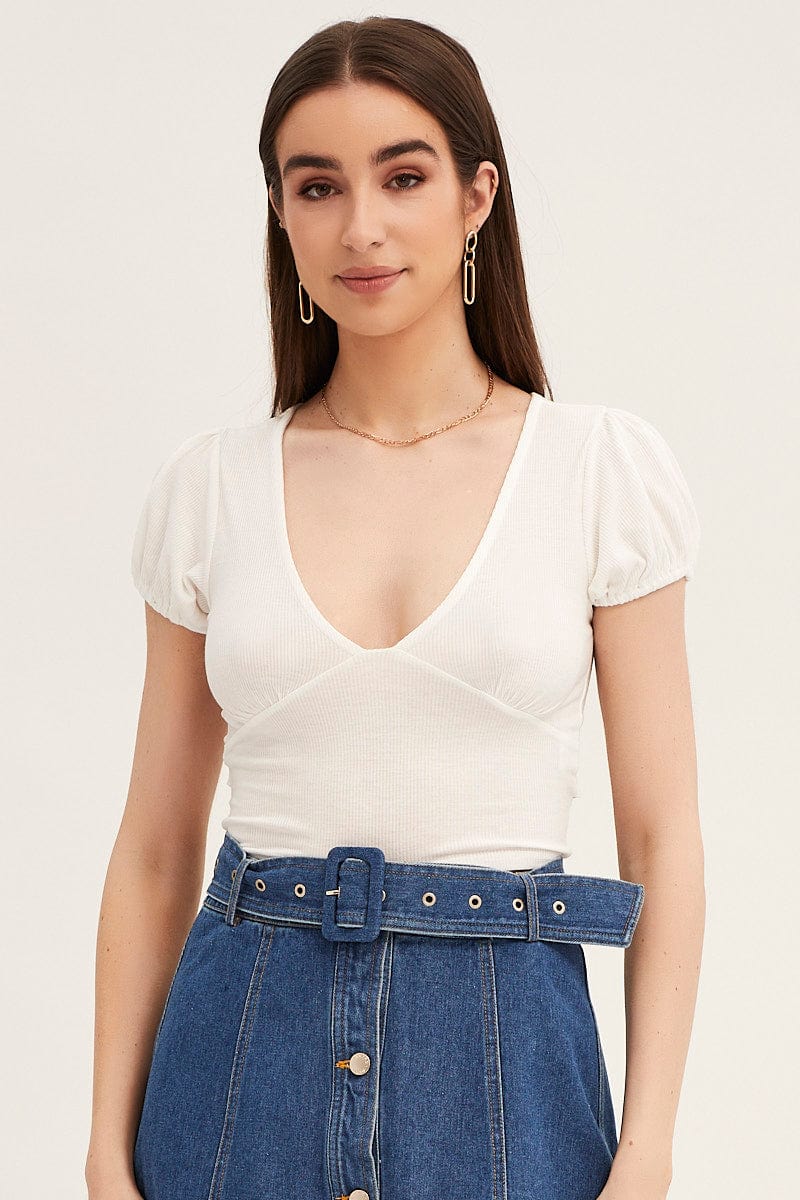 White Top Deep V Neck Puff Sleeve
