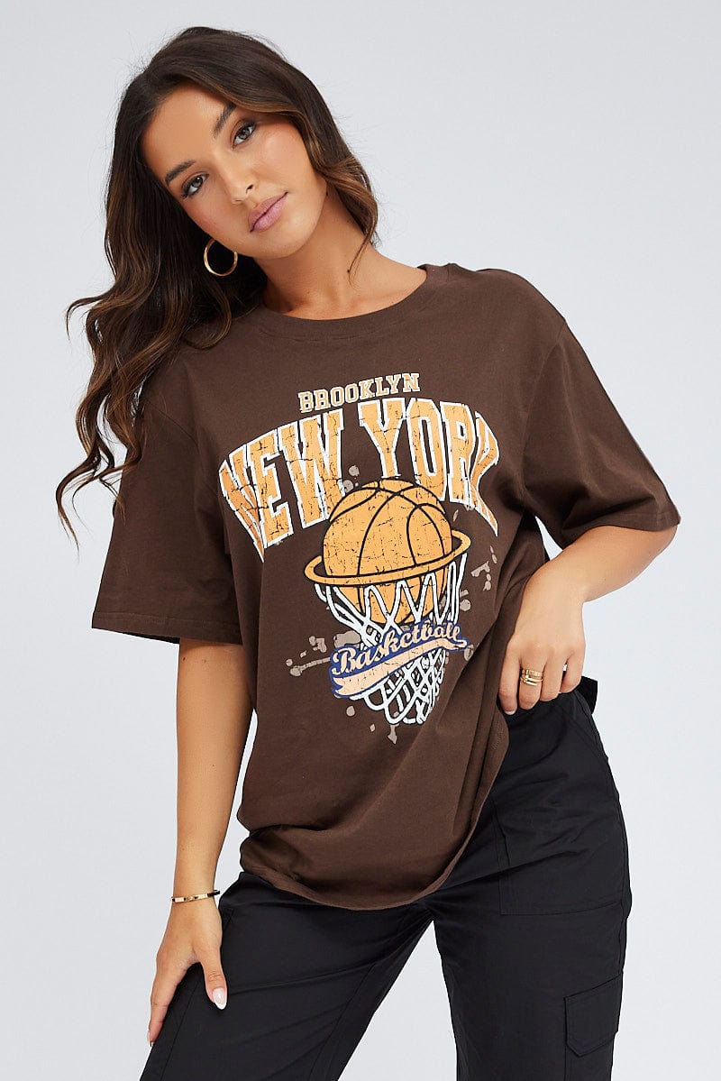 Brown Graphic Tee Short Sleeve Oversized Round Neck
