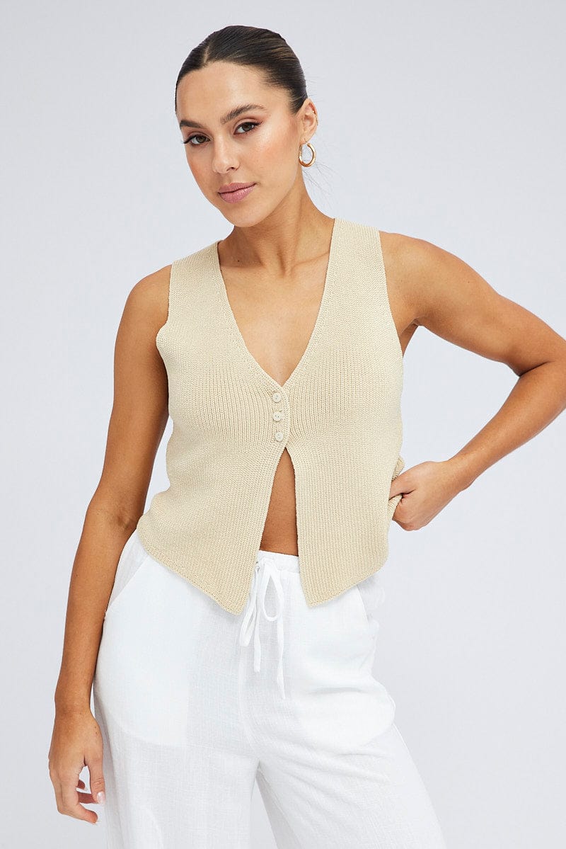 Beige Knit Vest V neck
