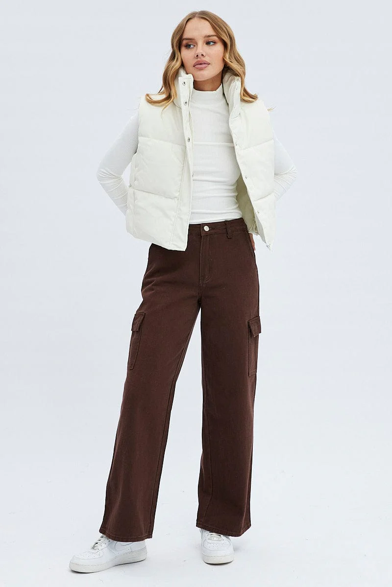 White Puffer Zip Sleeveless Faux Leather