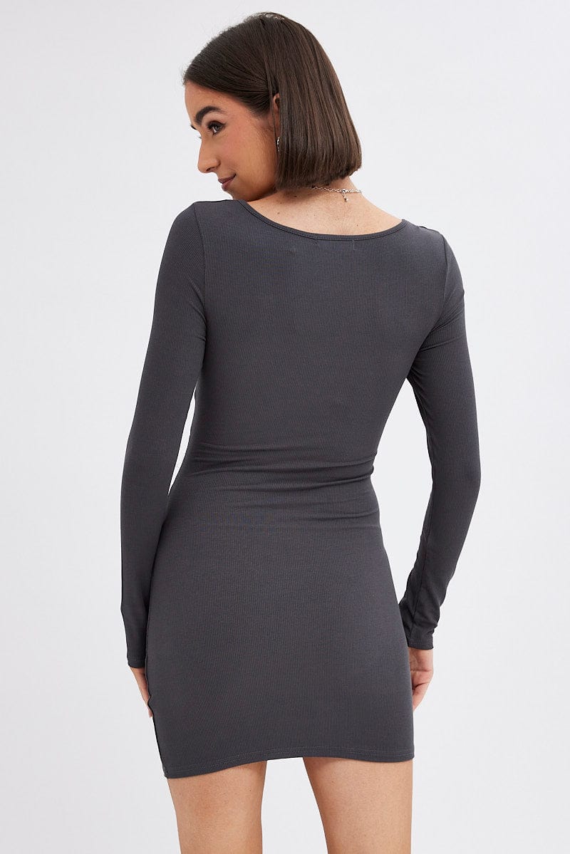 Grey Dress Long Sleeve Cut Out Details Bodycon Rib