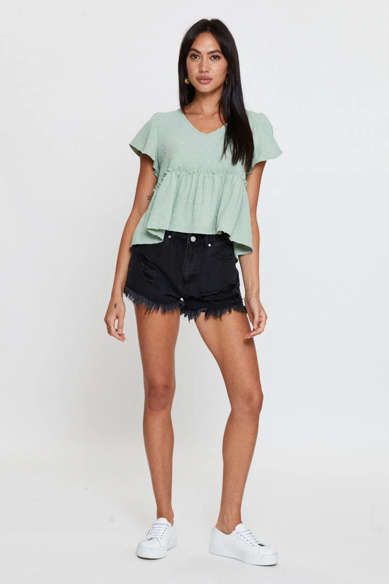 Green Peplum Top Short Sleeve Button Front
