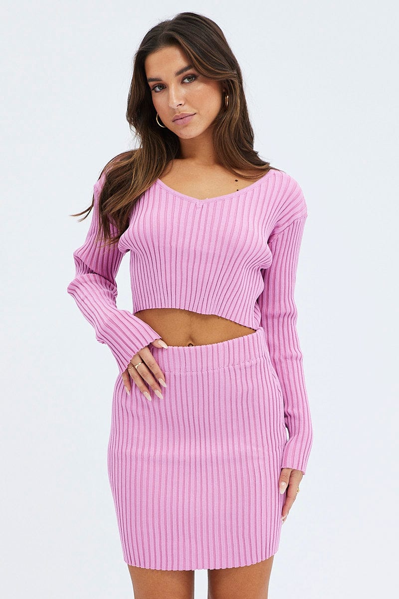 Pink Knit Mini Skirt Lounge Set
