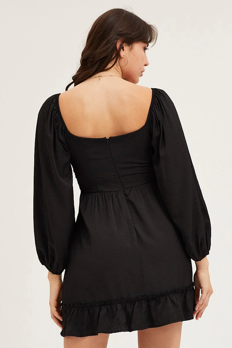 Black Long Sleeve A-Line Mini Dress