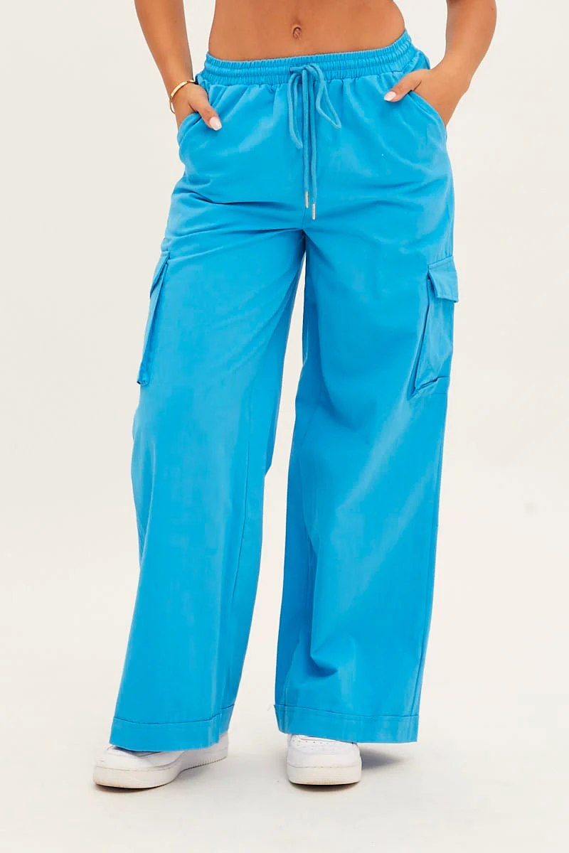 Blue Cargo Pant Wide Leg Elastic Waist Cotton Twill