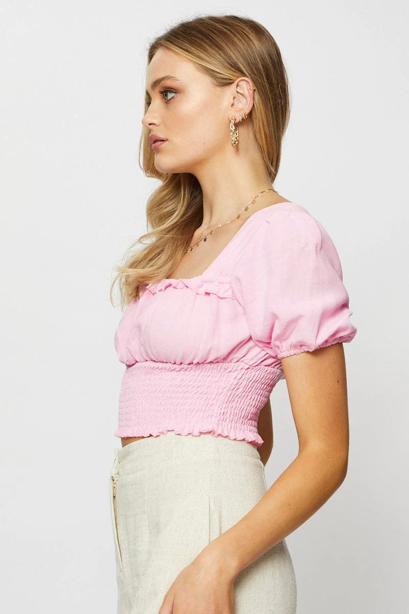 Pink Crop Blouse Short Sleeve