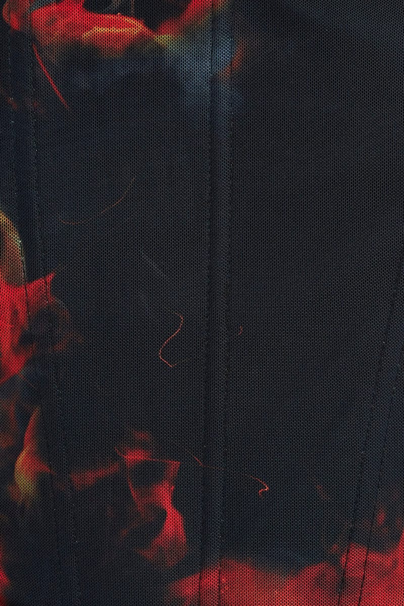 Multi Print Corset & Long Sleeve Set Scoop Neck Semi-Crop Mesh