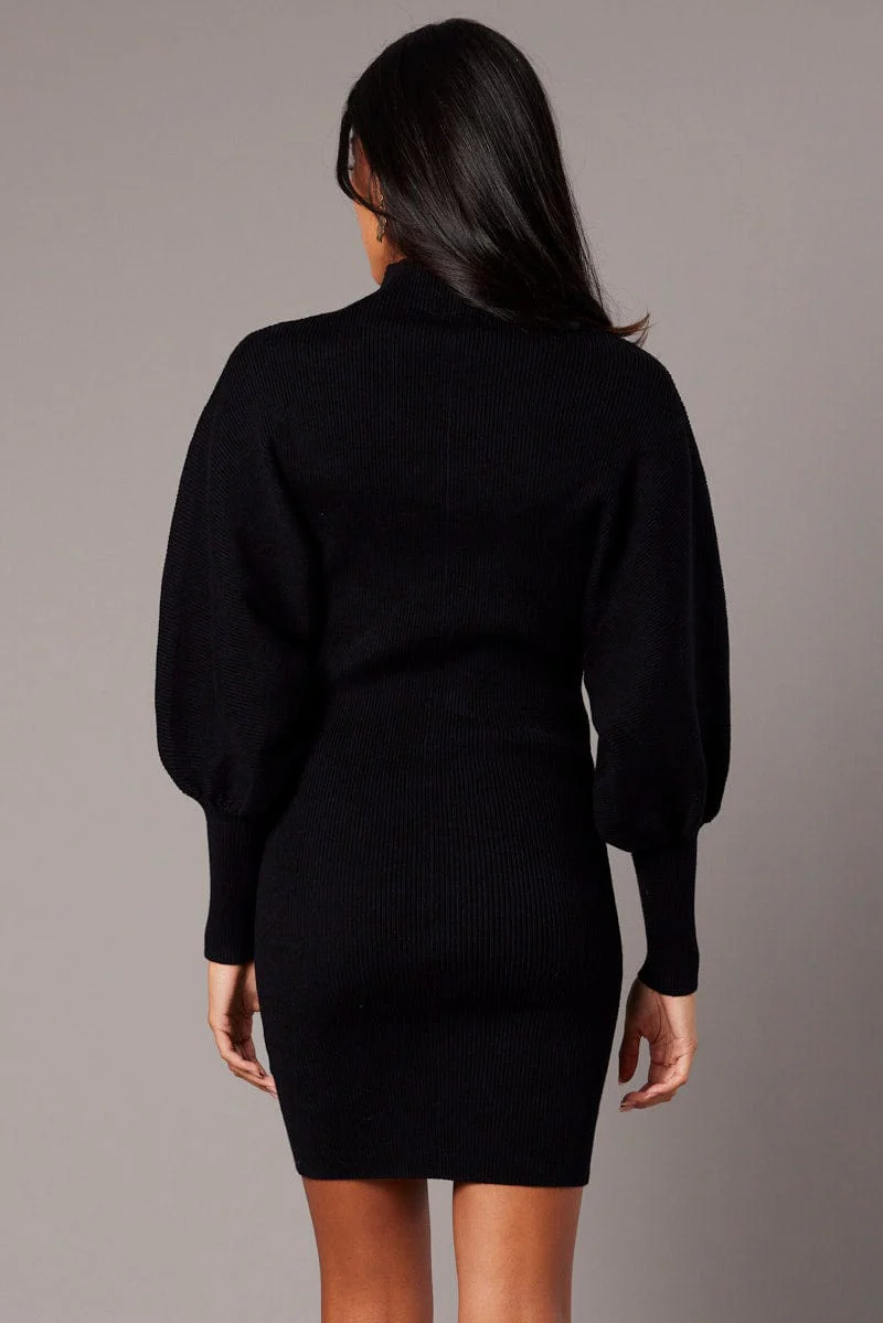 Black Knit Dress Long Sleeve Mini