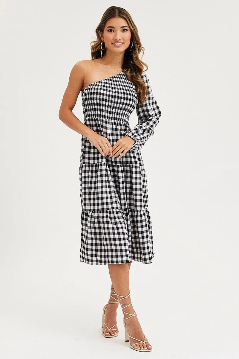Check Dress One Shoulder Midi