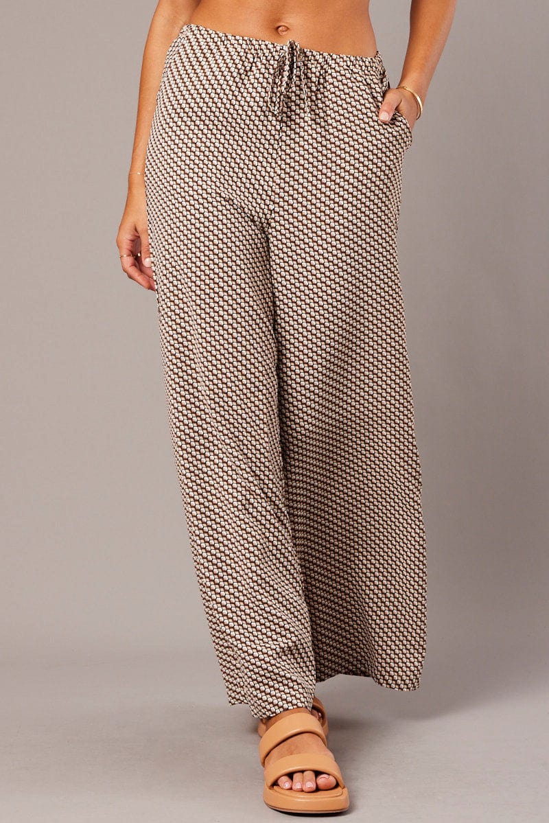 Brown Geo Wide Leg Pants High Rise