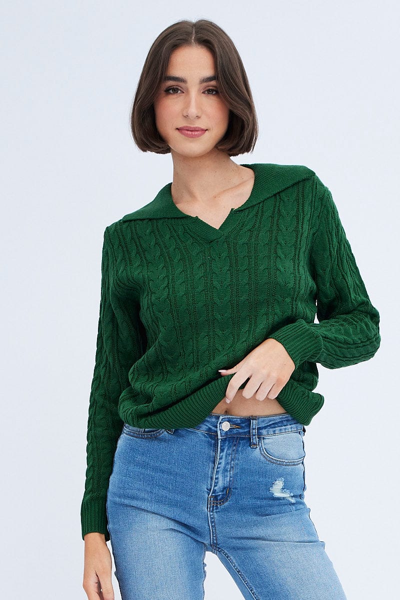 Green Knit Top Long Sleeve Collared Cable