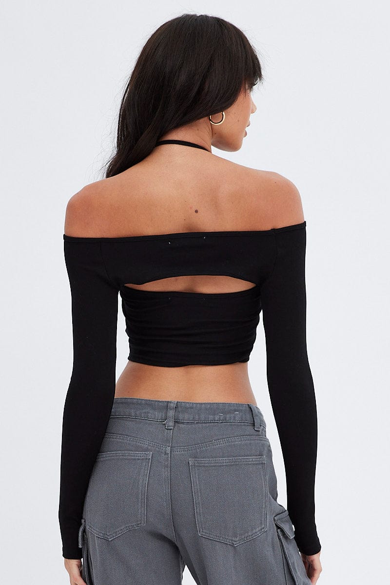 Black Shrug & Halter Top Set Long Sleeve Semi-crop