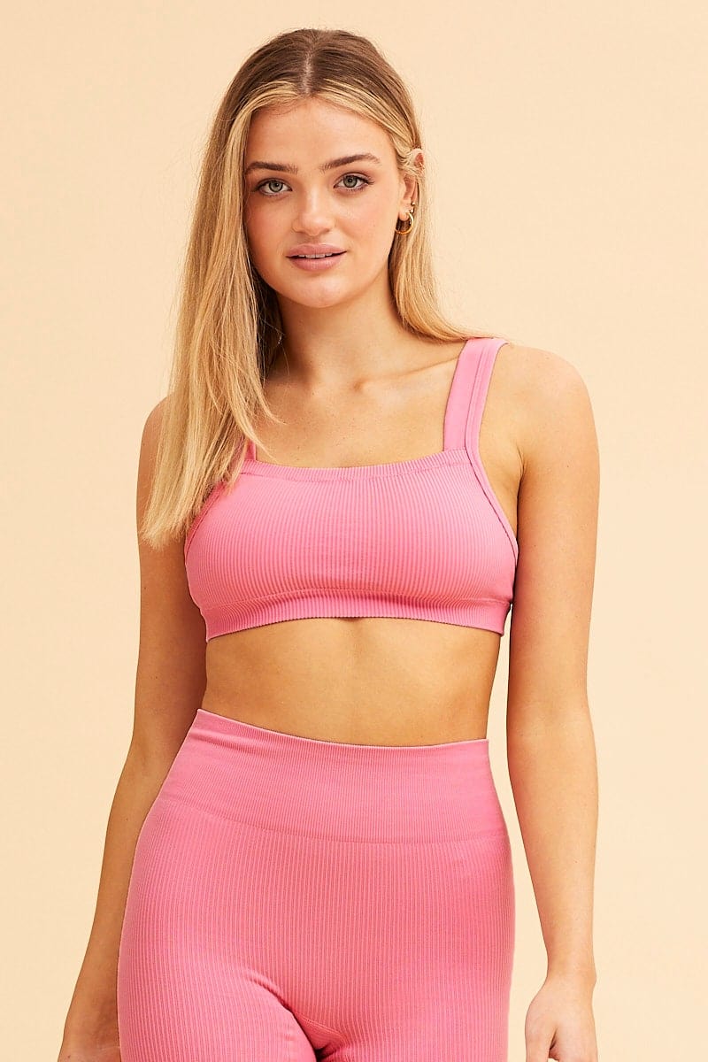 Pink Nico Seamless Rib Straight Neck Crop Top
