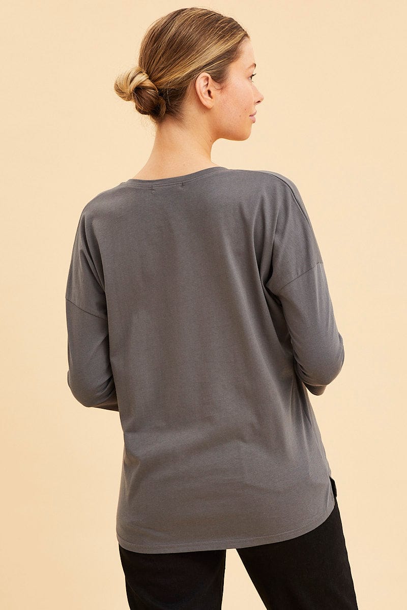 Grey Cotton Top 3/4 Sleeve Drop Shoulder Relaxed Fit