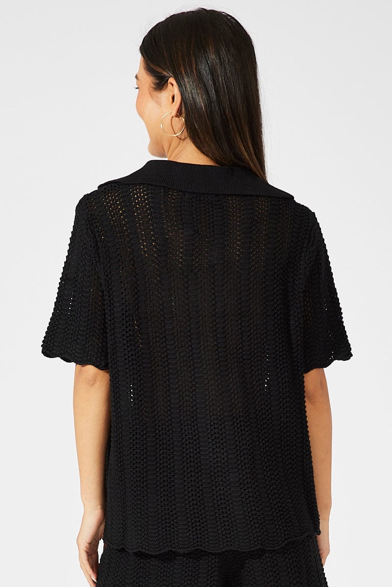 Black Collared Knit Top Short Sleeve Button Up