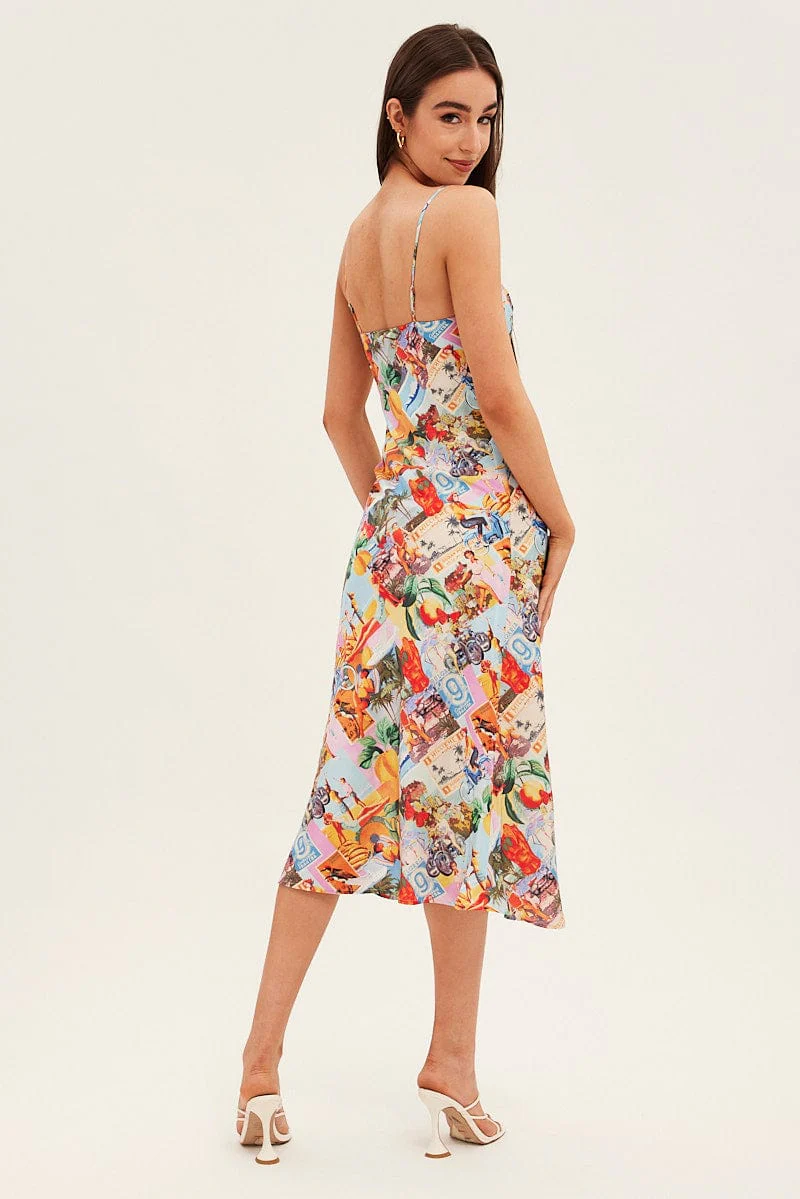 Orange Abstract Slip Dress Satin Midi Postcard Holiday Print