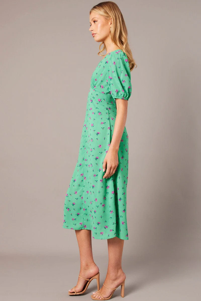 Green Floral Midi Dress Puff Sleeve Tea Dress