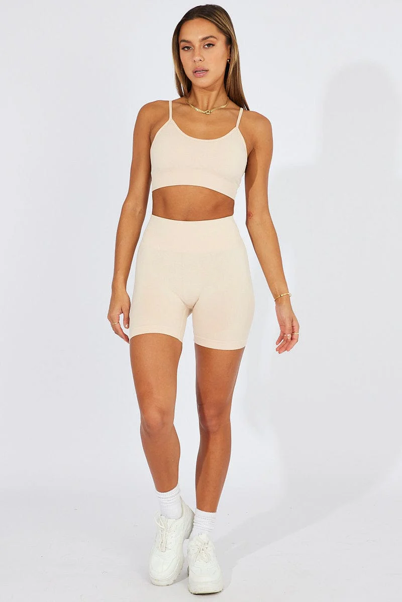 Beige Seamless Top And Shorts Activewear Set